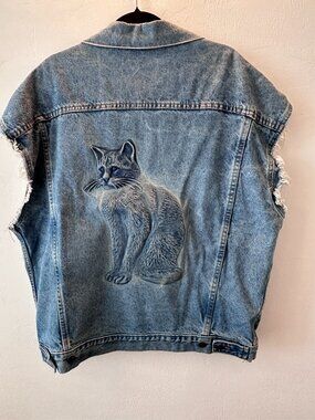 Vintage Made in USA Tyca 3D Embossed Cat Denim Cutoff Vest XL